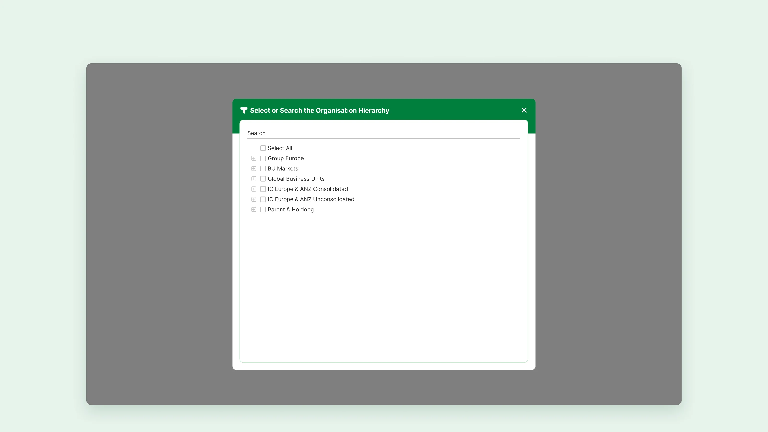 Organisation filter: a searchable hierarchy of groups and business units