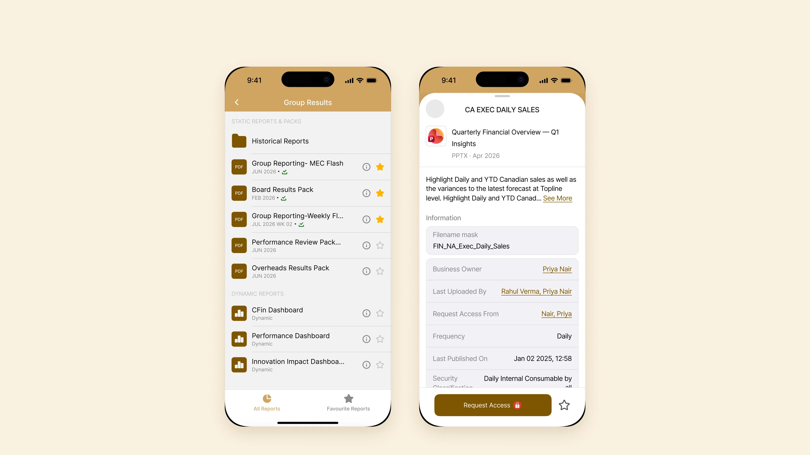 The two original iOS screens: a flat report list and a report detail sheet with a request access button