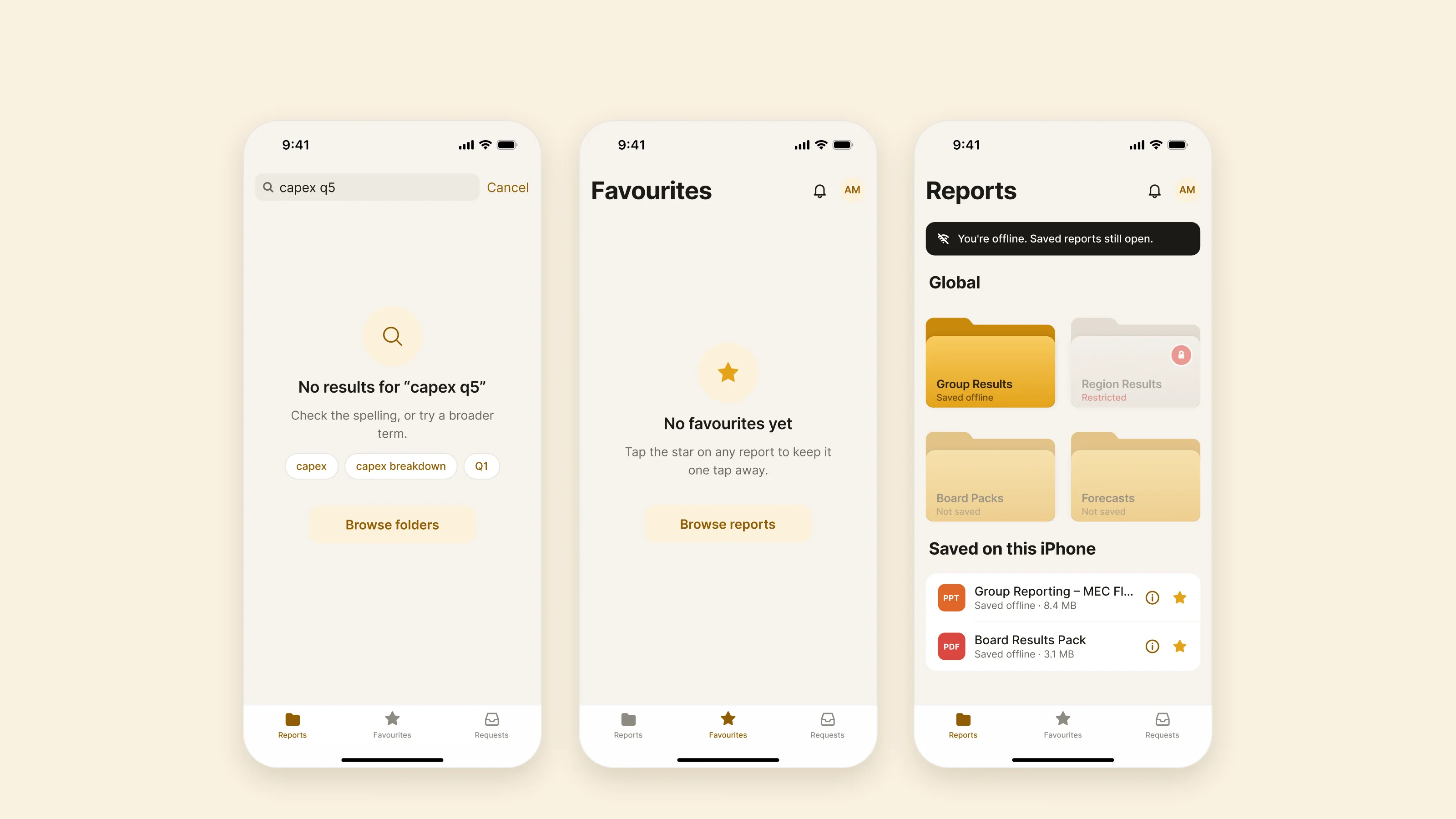 Three iOS screens: search with no results, an empty favourites list, and home while offline