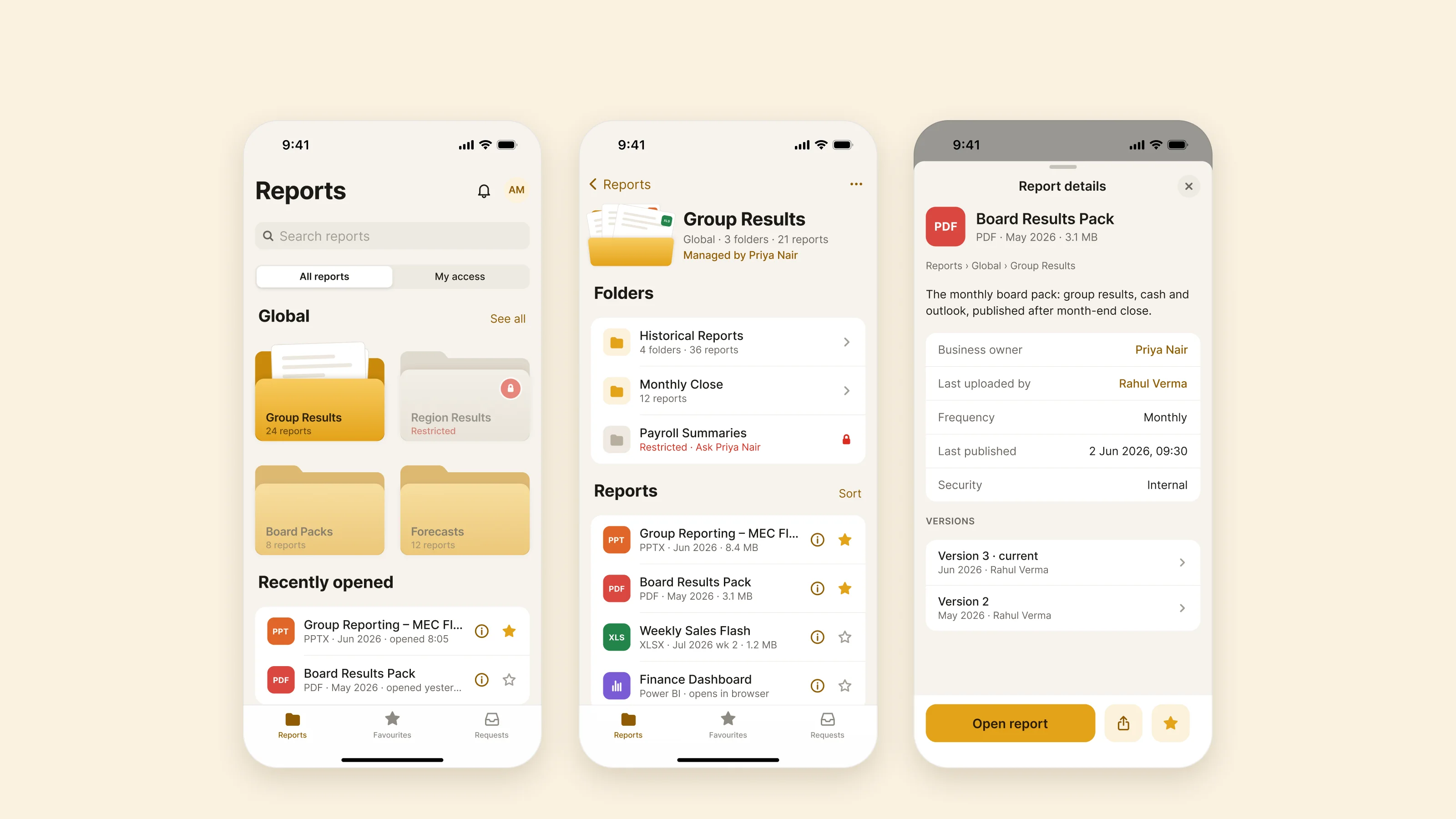 Flow: a folder peeking when pressed on the home shelf, the folder open with its sub-folders and reports, then a report's detail sheet