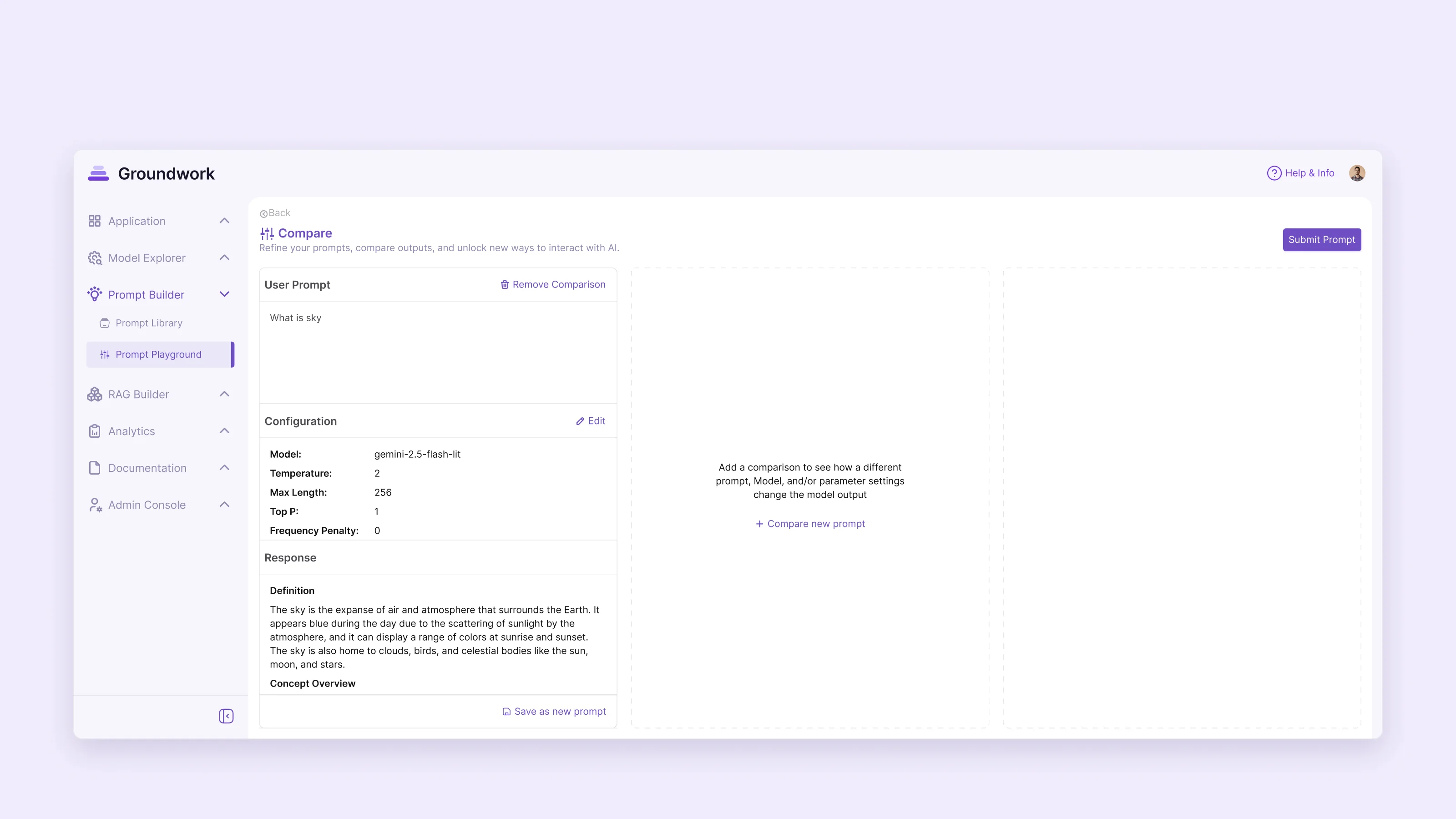 The earlier compare view: one prompt with its response, and two empty slots asking you to add a comparison