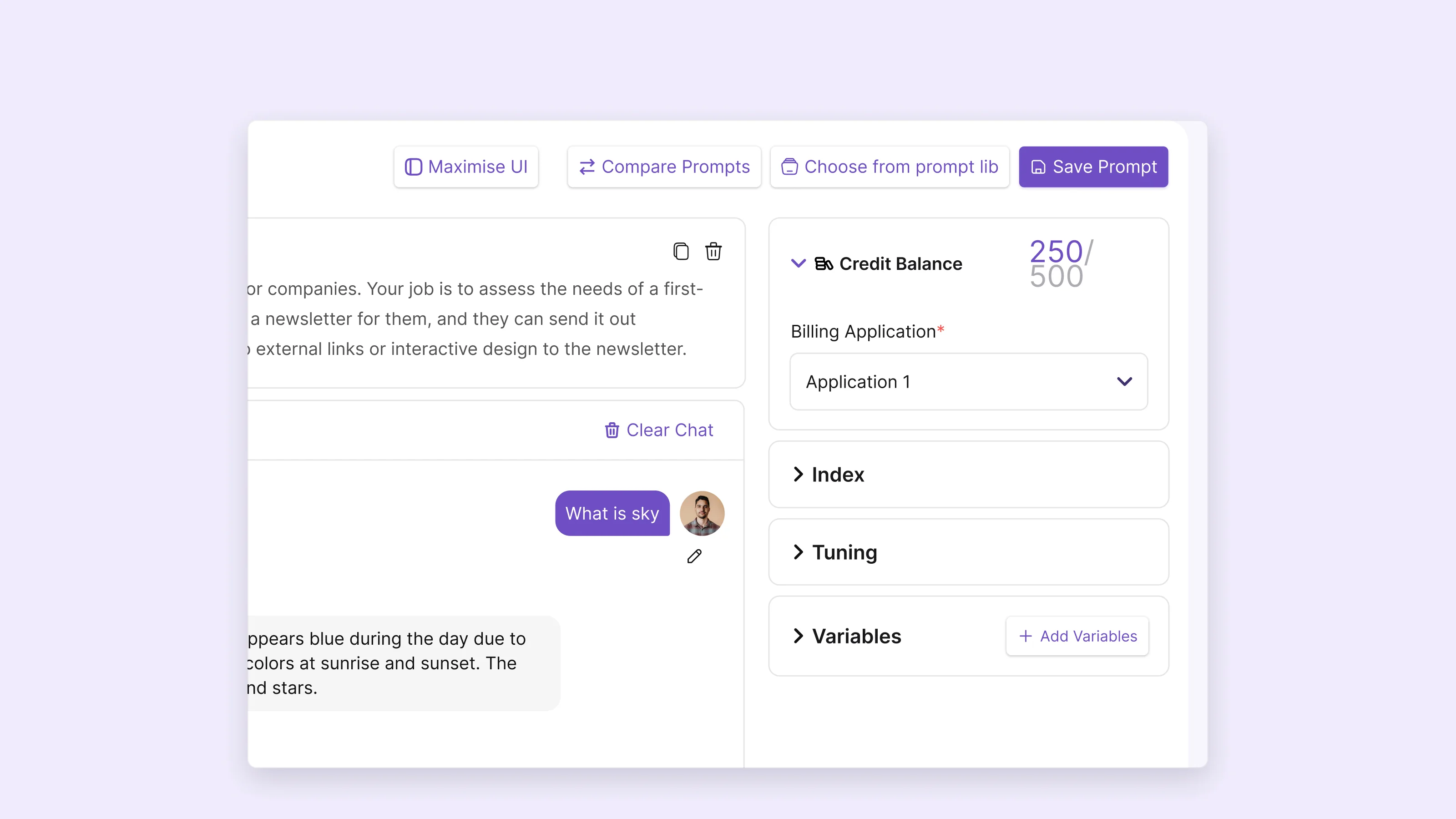 Playground side panel showing the app's credit balance above its index, tuning and variables