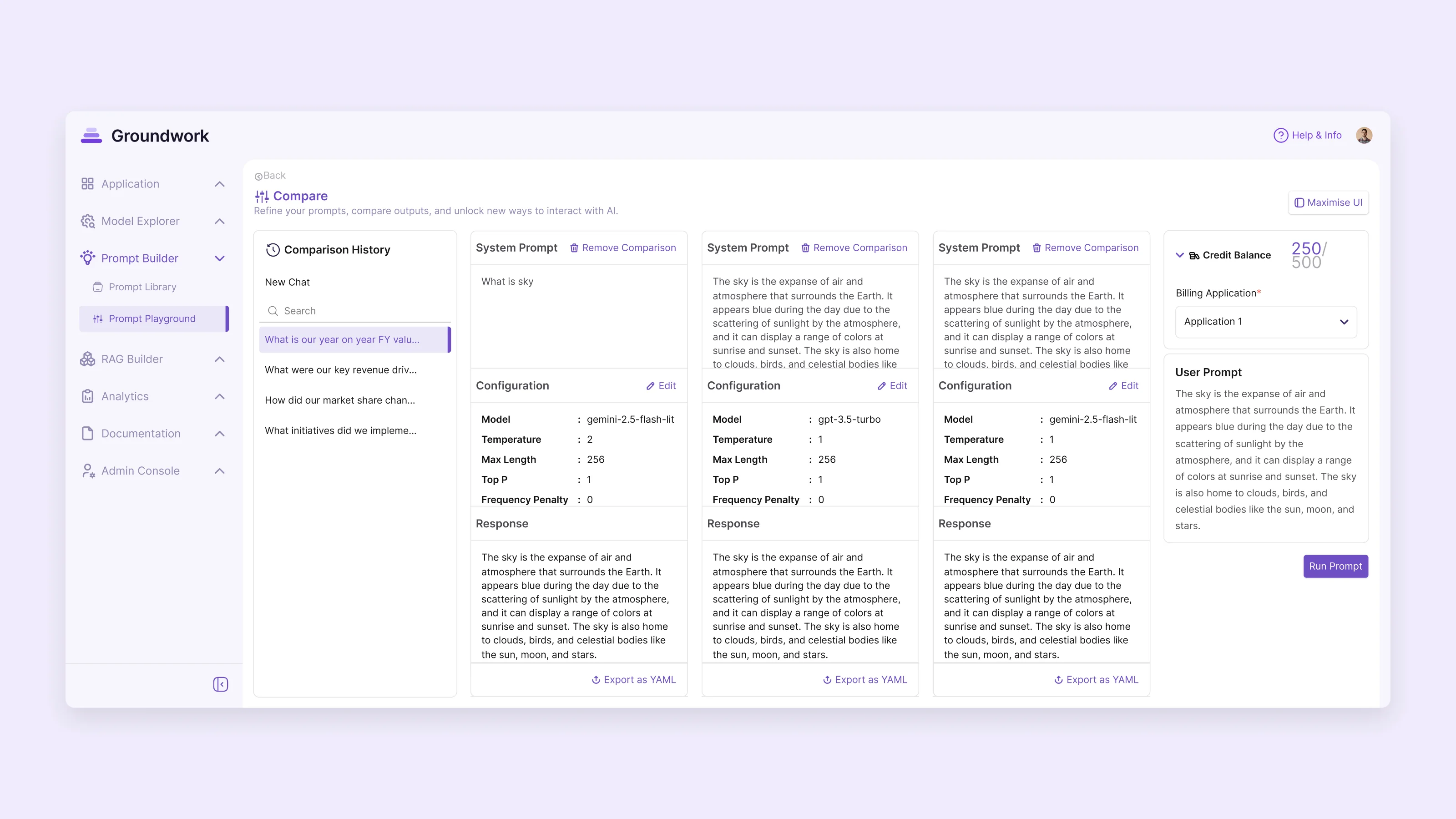 An earlier compare view: a comparison history on the left, three setups with their configuration and response, and the credit balance on the right