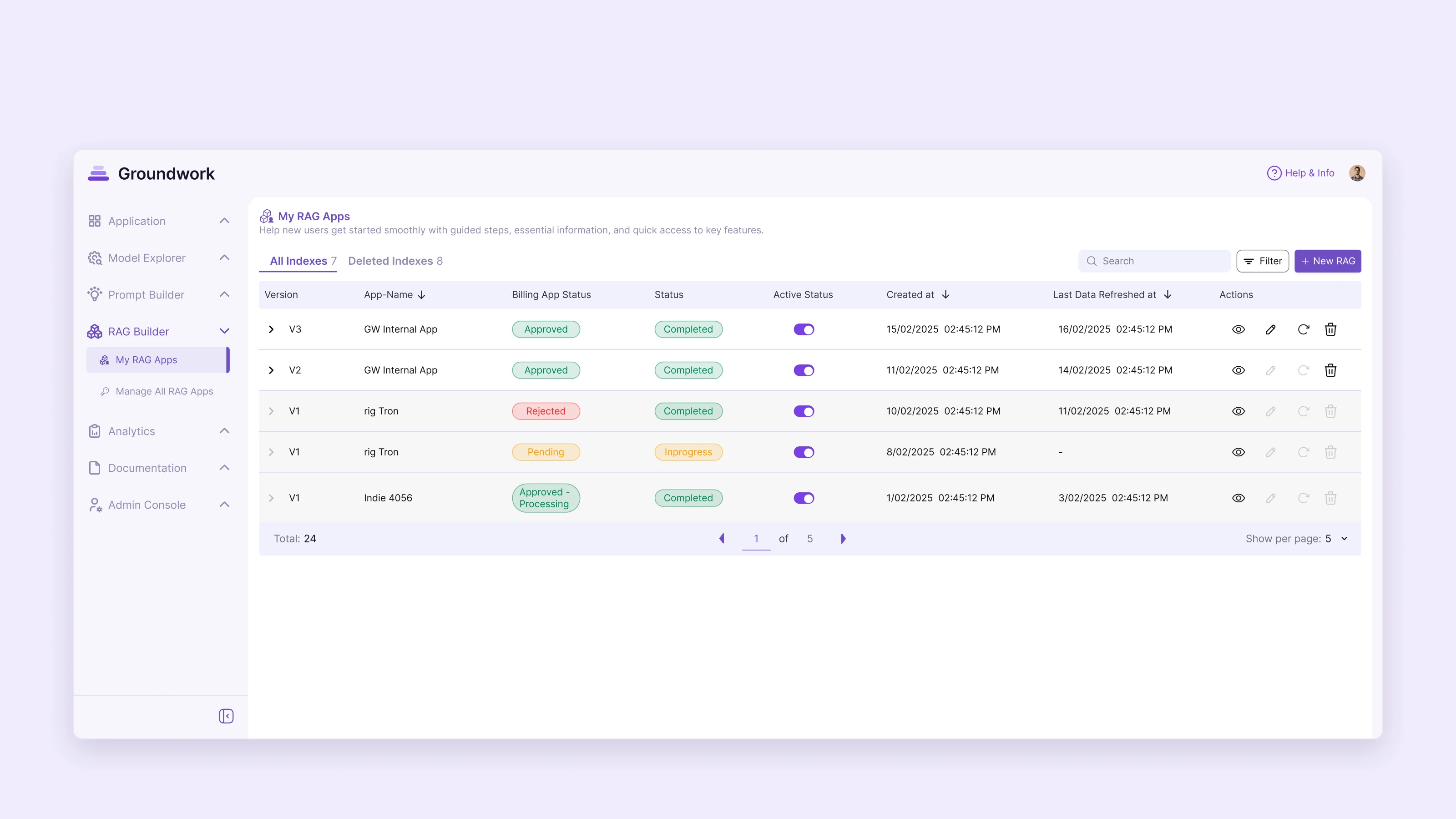 My RAG apps: versions of each index with billing status, sync status and actions