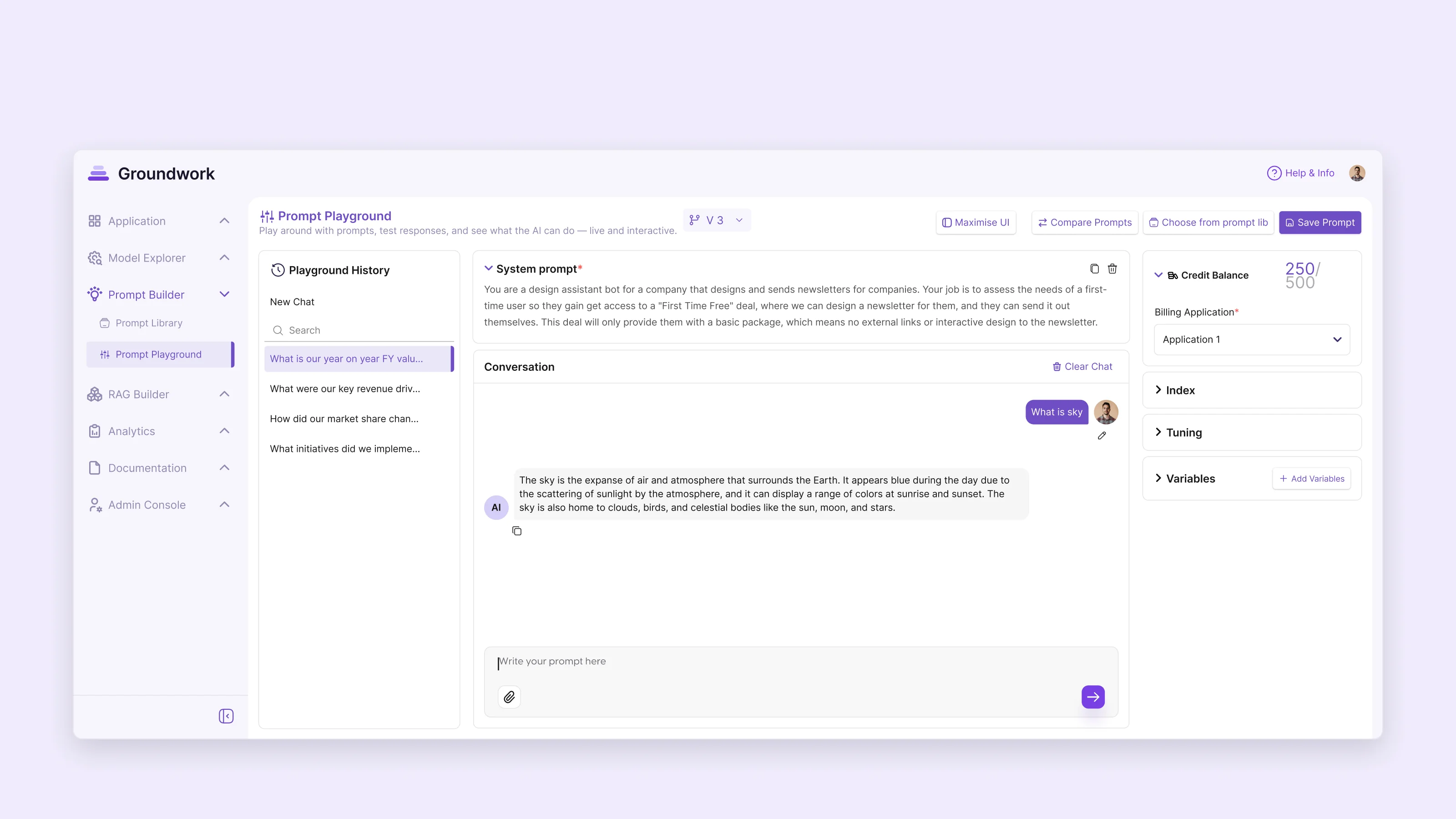 Prompt playground: session history, the system prompt, the conversation, and a side panel with credit balance and settings