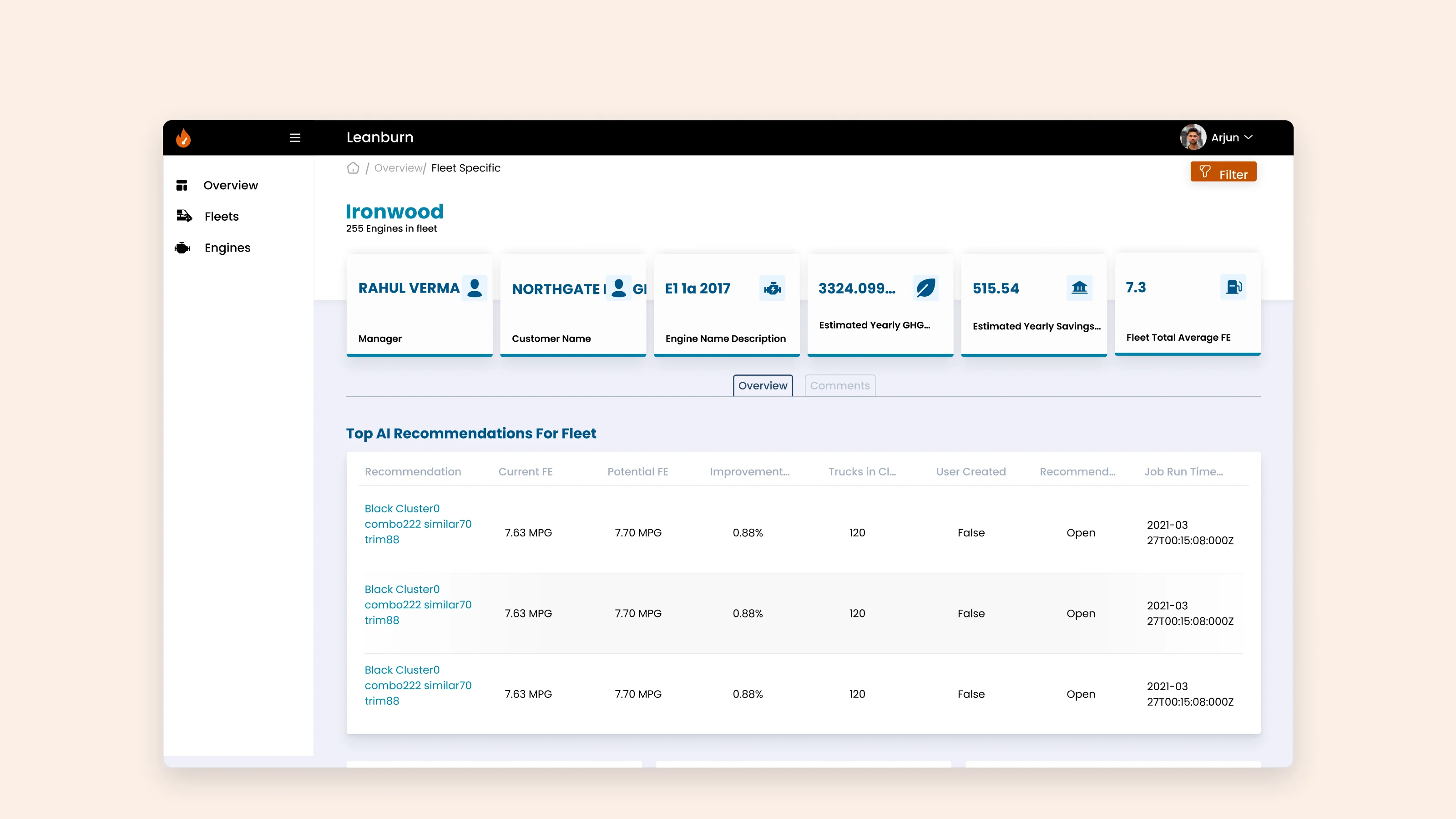 Fleet page: engine types, savings, top recommendations with status, build years, transmissions and an engine table
