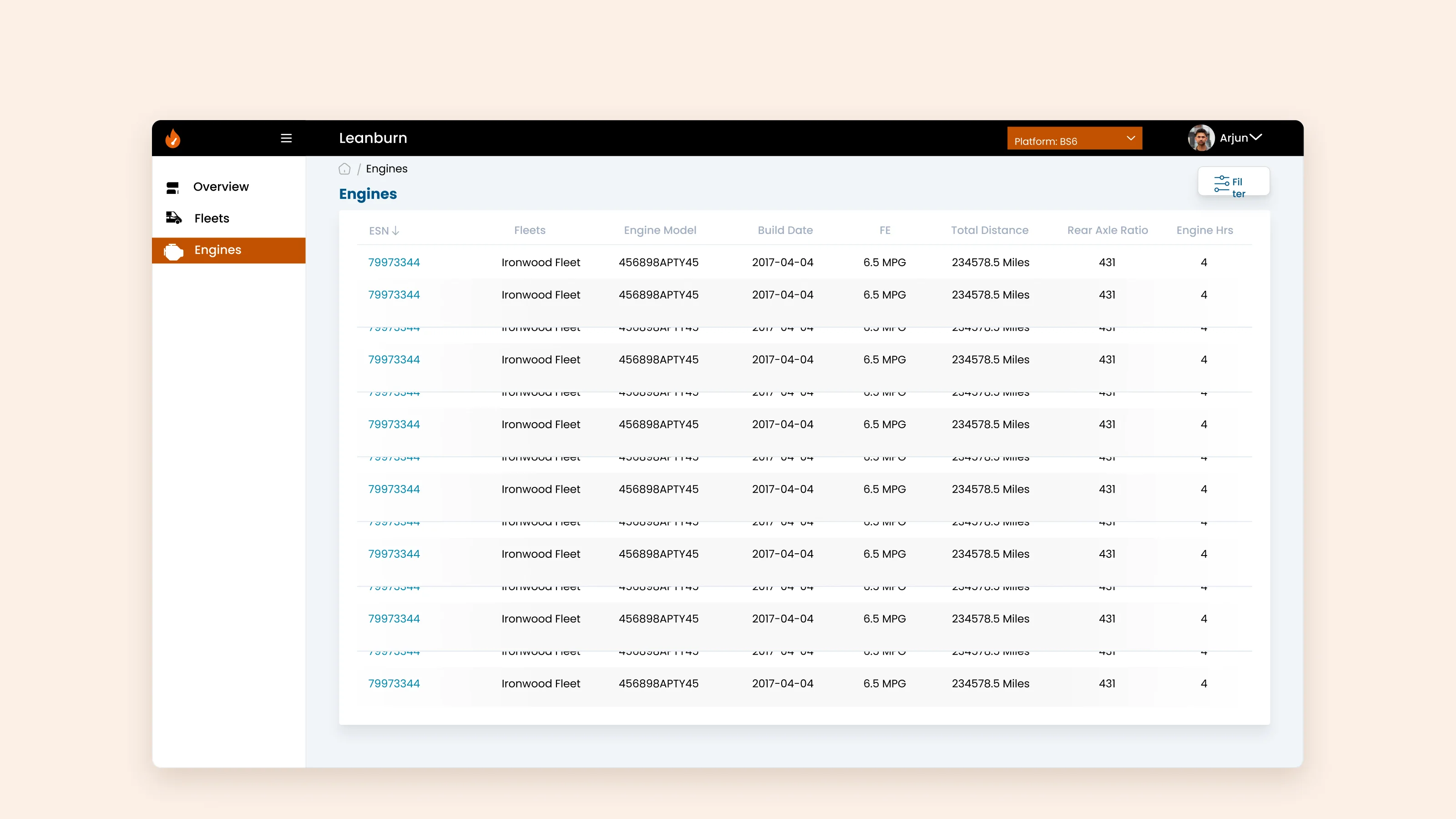 Engines table with serial numbers, fleet, build date and fuel economy