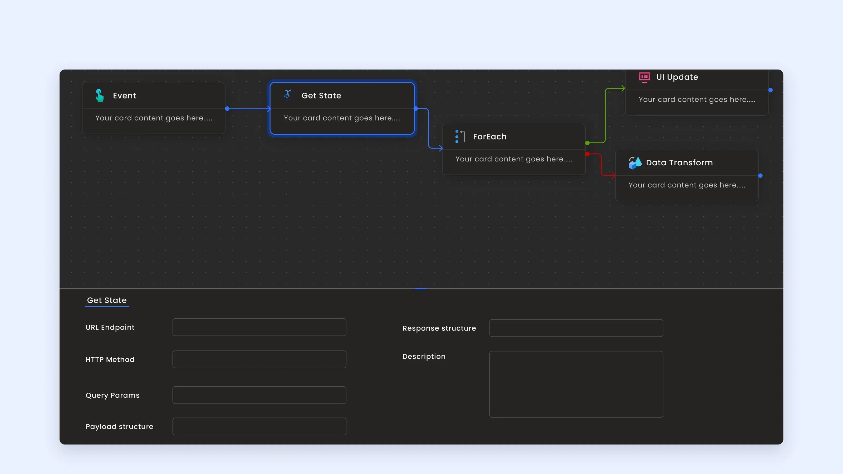 A selected Get State node with its config panel docked below: URL endpoint, HTTP method, query params, payload and response structure