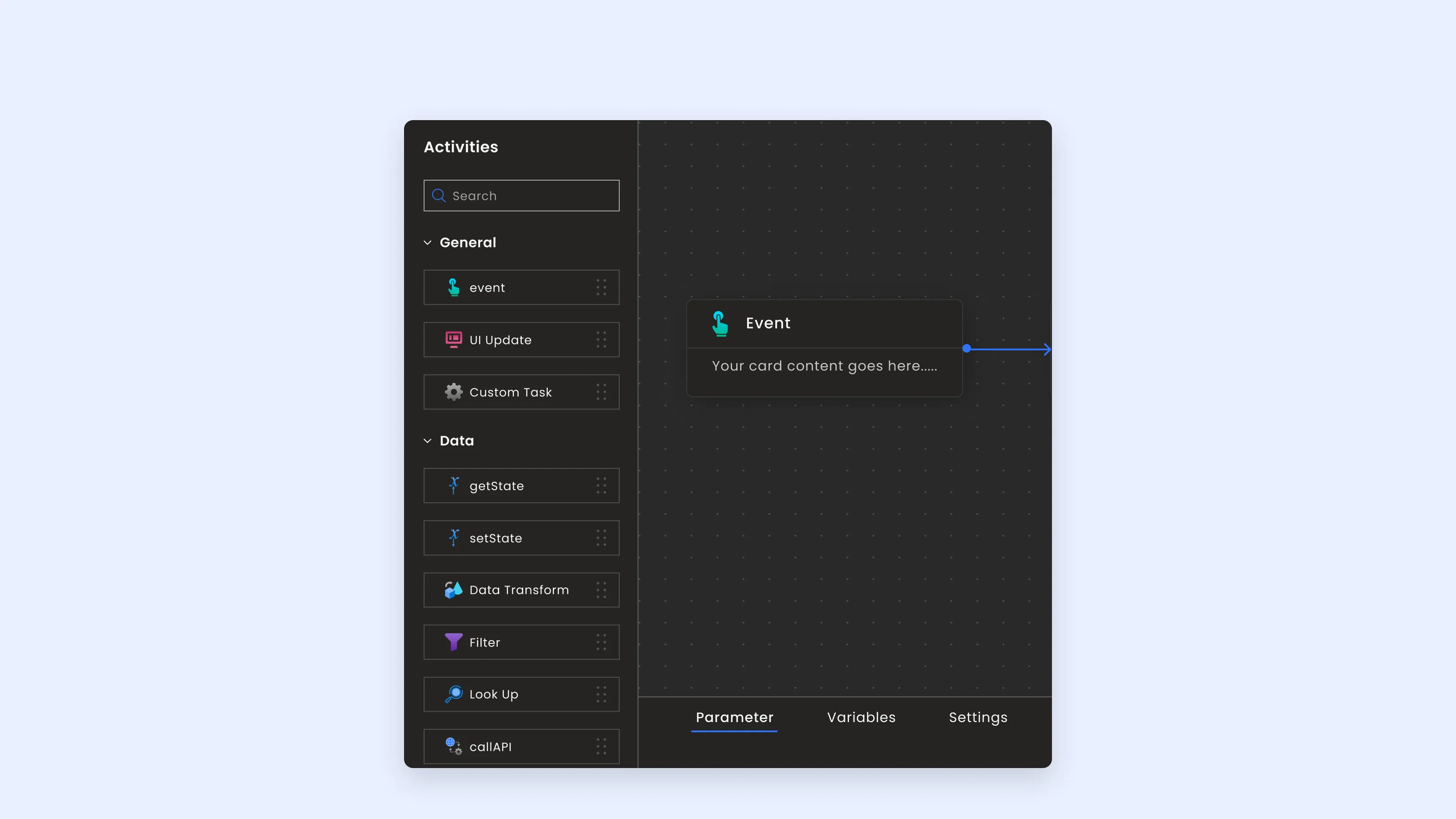 Node palette with four groups, General, Data, Control and Functions, each with colour-coded icons