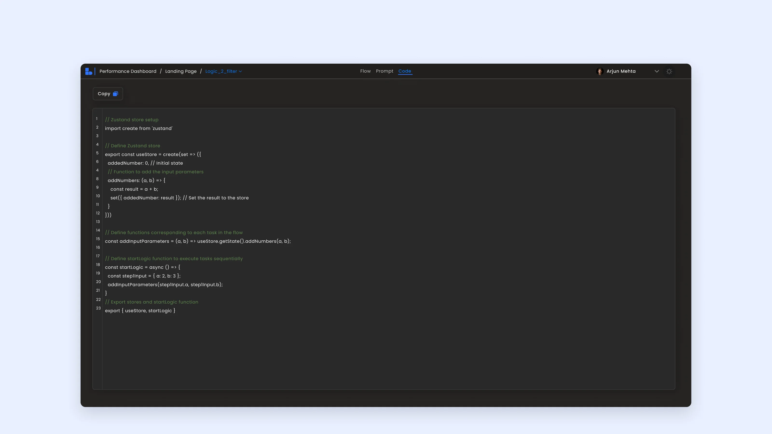The Code tab: a generated Zustand store and the functions that run the flow, with a copy button