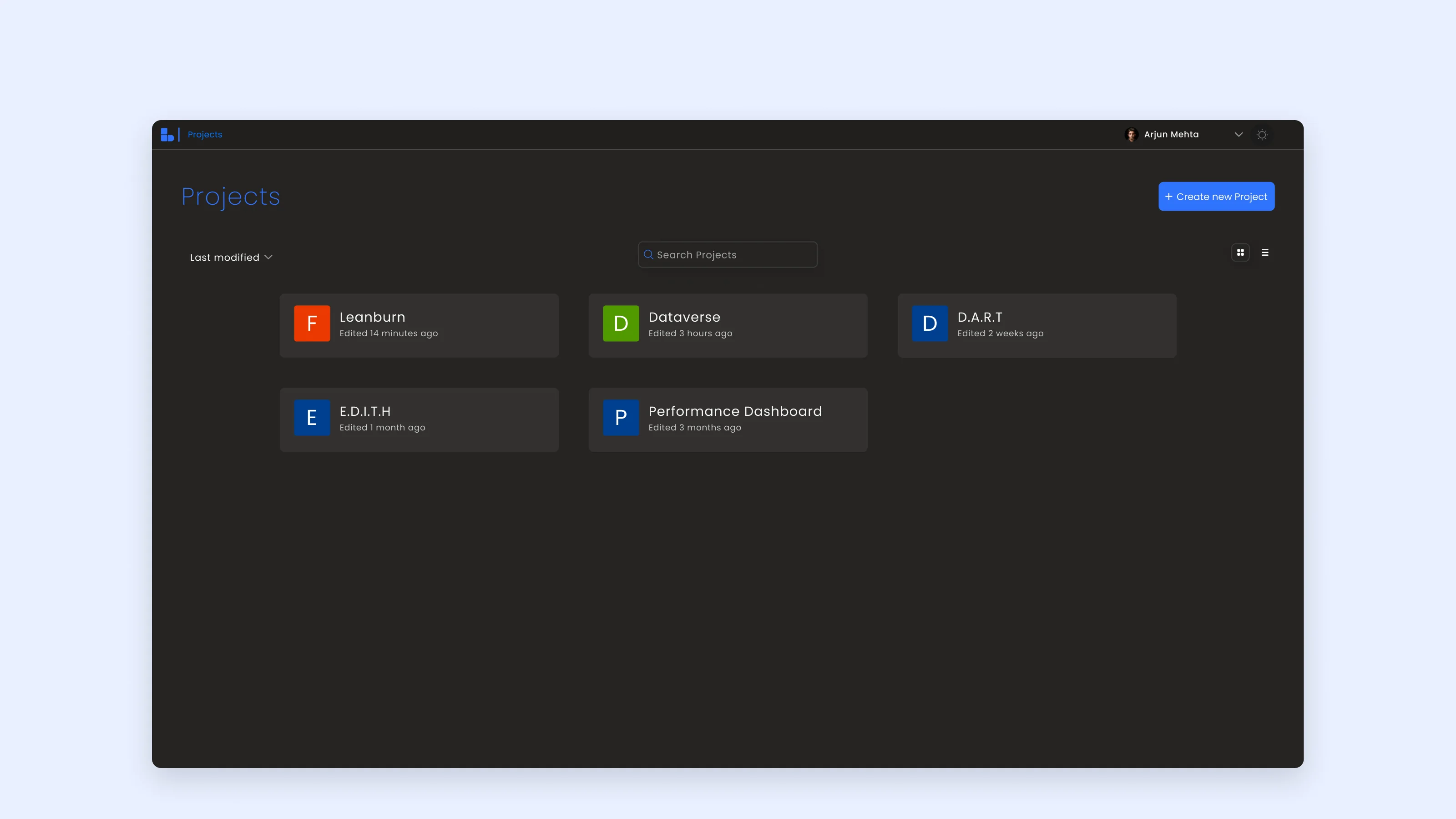 The projects list, each project with its initial and when it was last edited