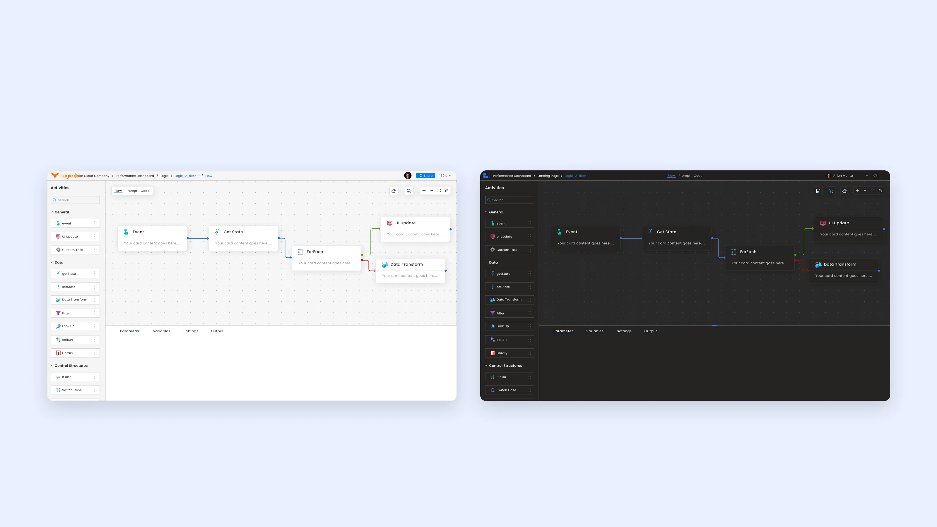 The same flow shown in the light theme and the dark theme