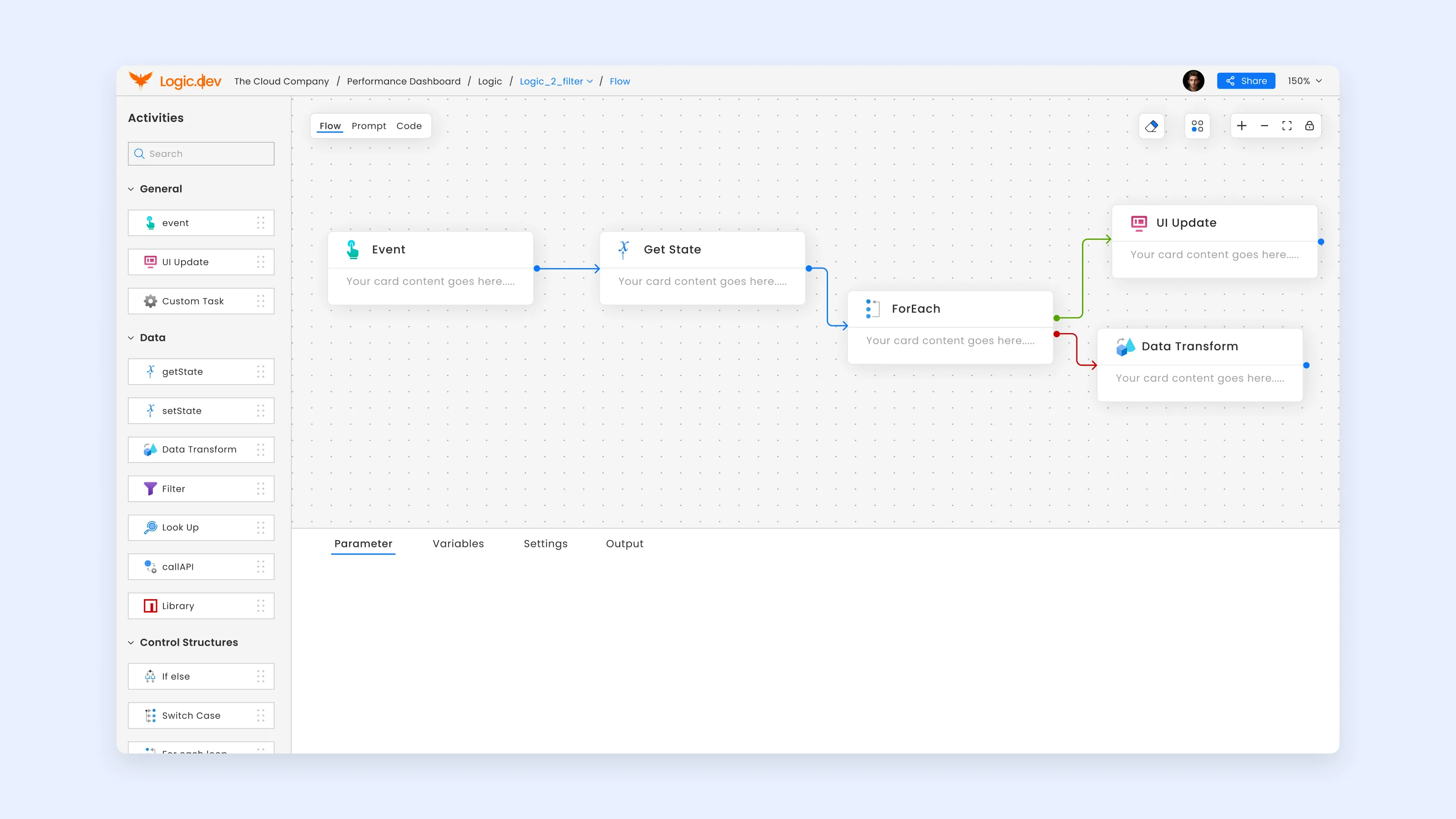 The earlier canvas in a light theme: grouped blocks on the left, Flow, Prompt and Code tabs, and a flow with a for-each node