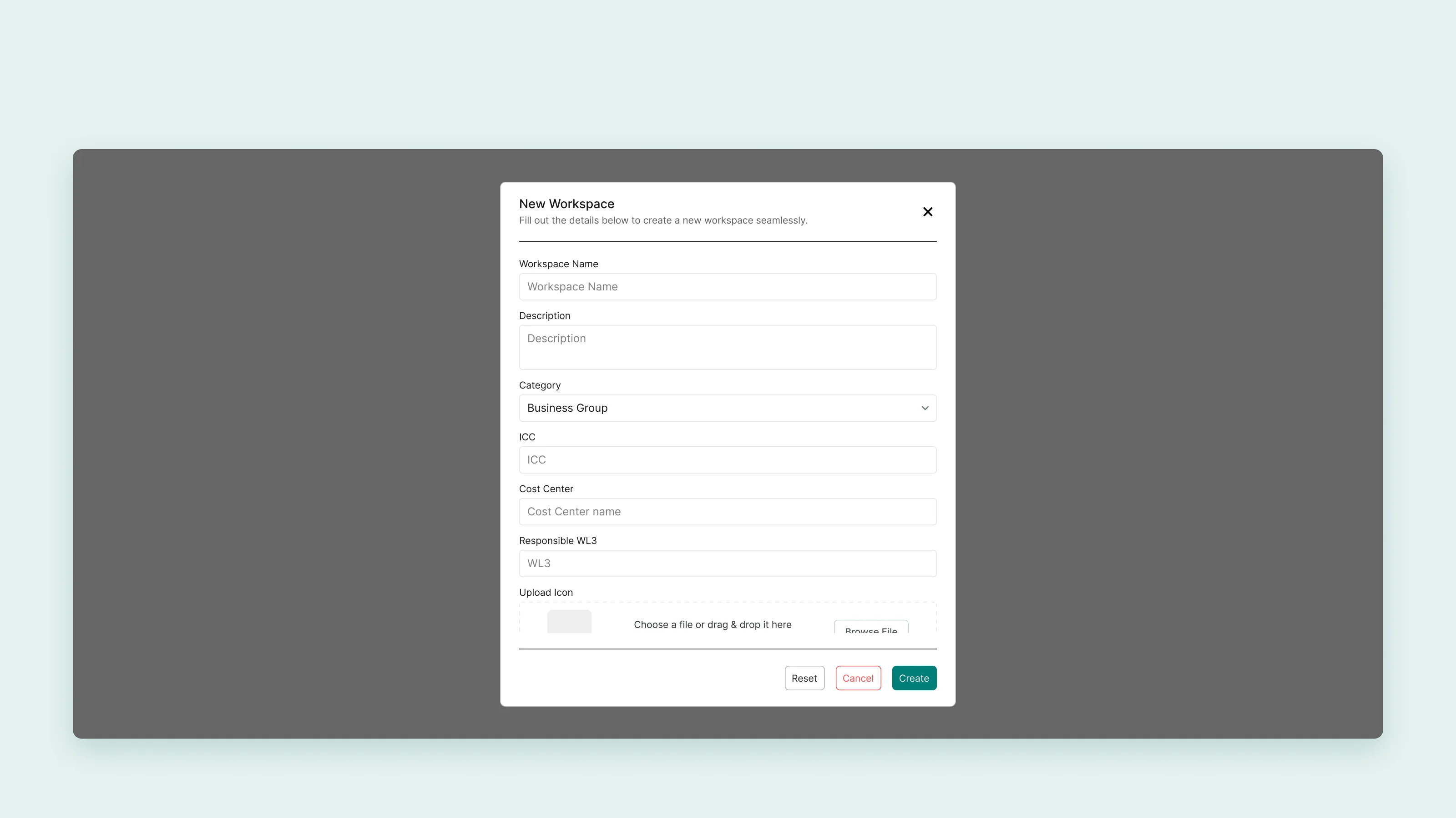 New workspace dialog: name, description, category, cost centre and icon