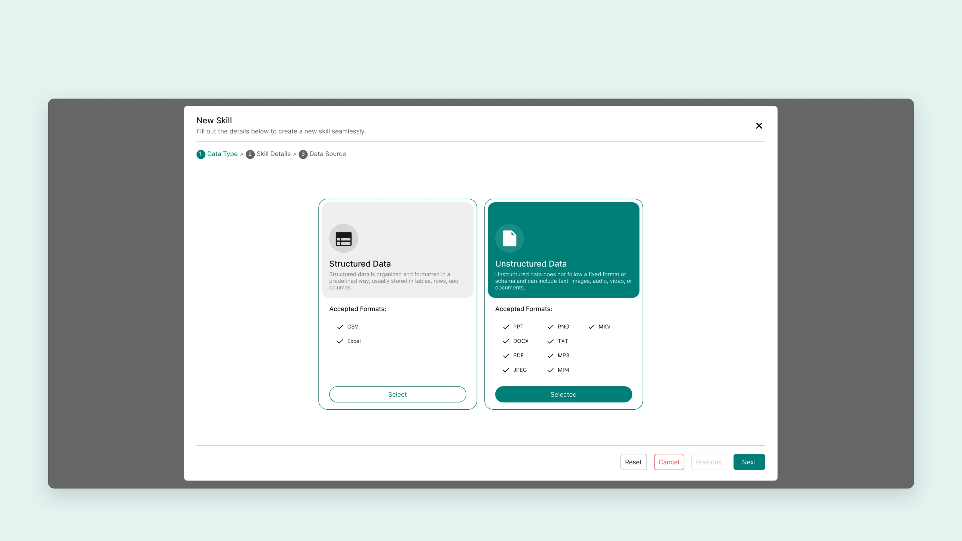 New skill dialog, step one of three: a choice between structured data (CSV, Excel) and unstructured data (documents, images, audio, video)