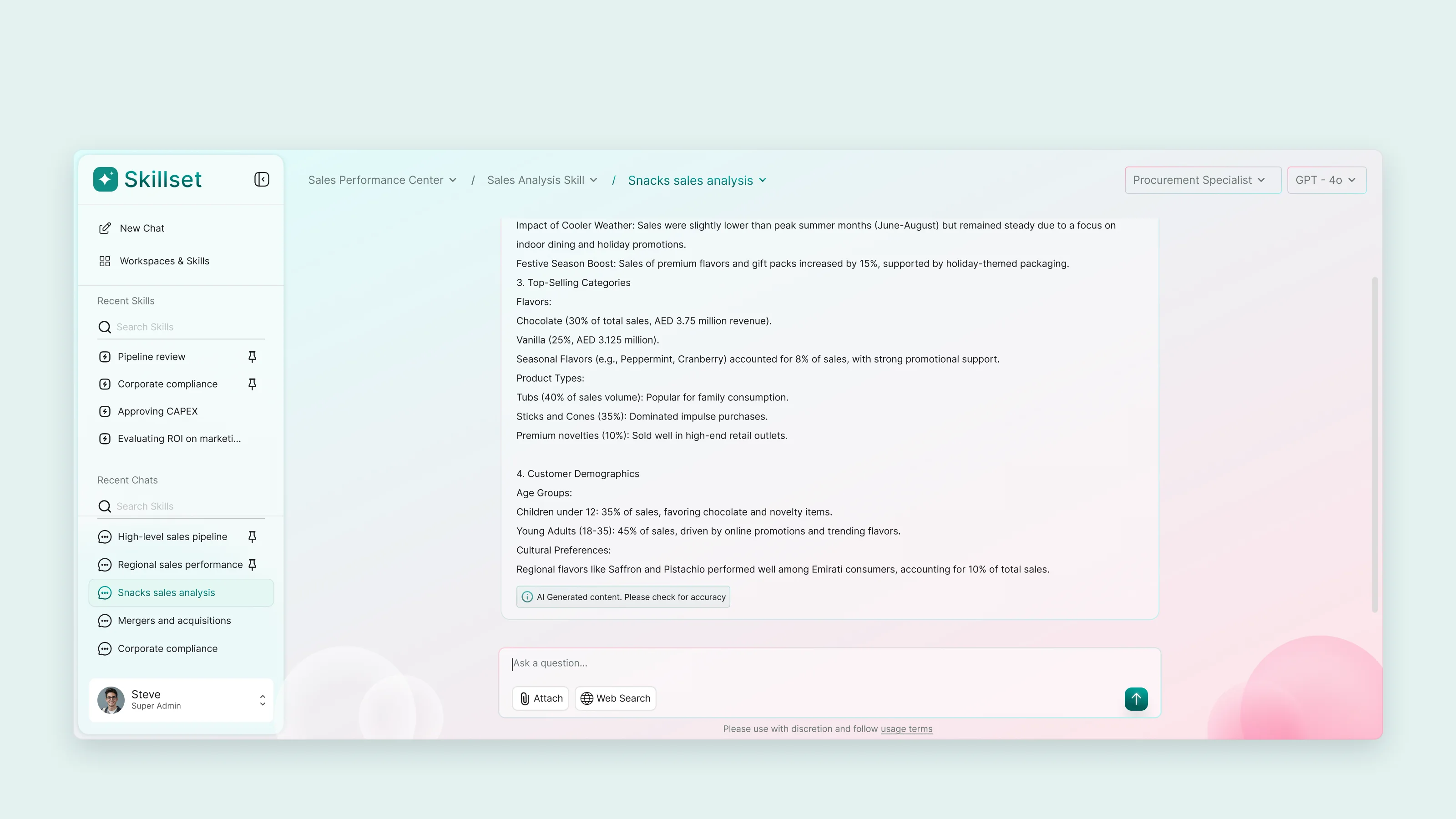 Chat with a skill: the workspace, skill and persona in the header, a long answer marked as AI-generated, and attach and web search in the message box