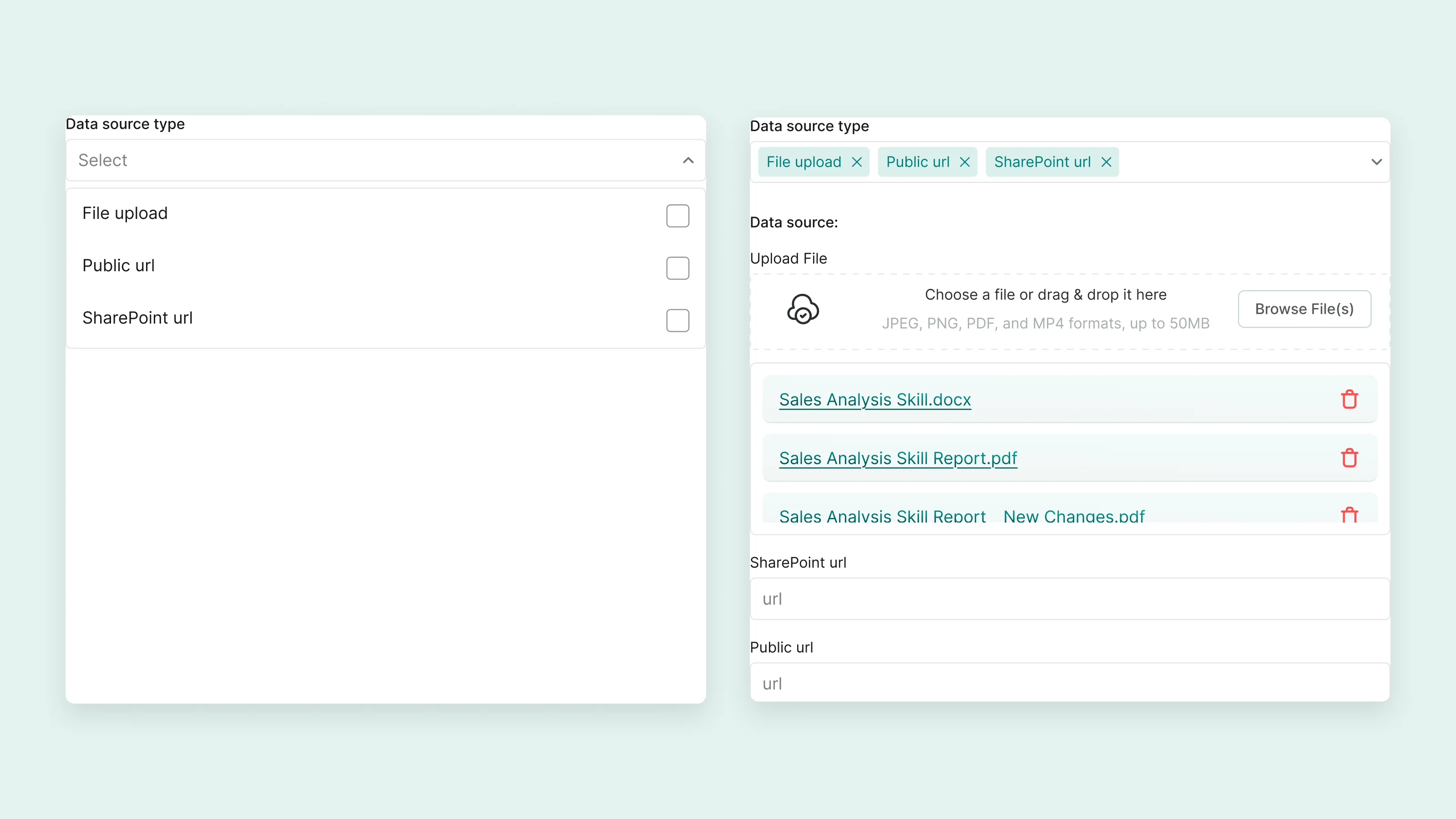 Two versions of the data-source step: a checklist of file upload, public URL and SharePoint URL, then the same choices as chips, with an upload area and link fields below