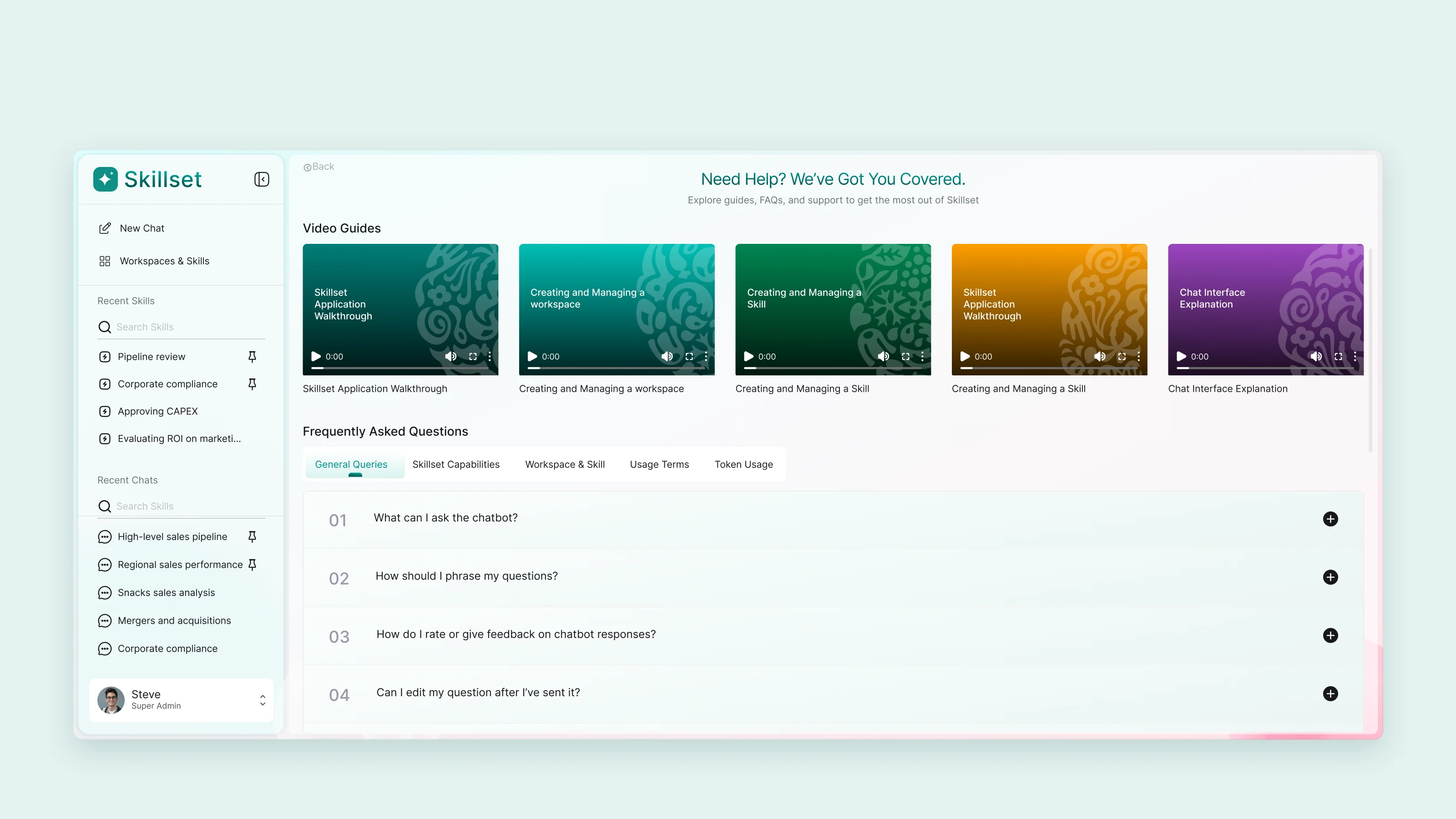 Help centre with video walkthroughs and frequently asked questions grouped by topic