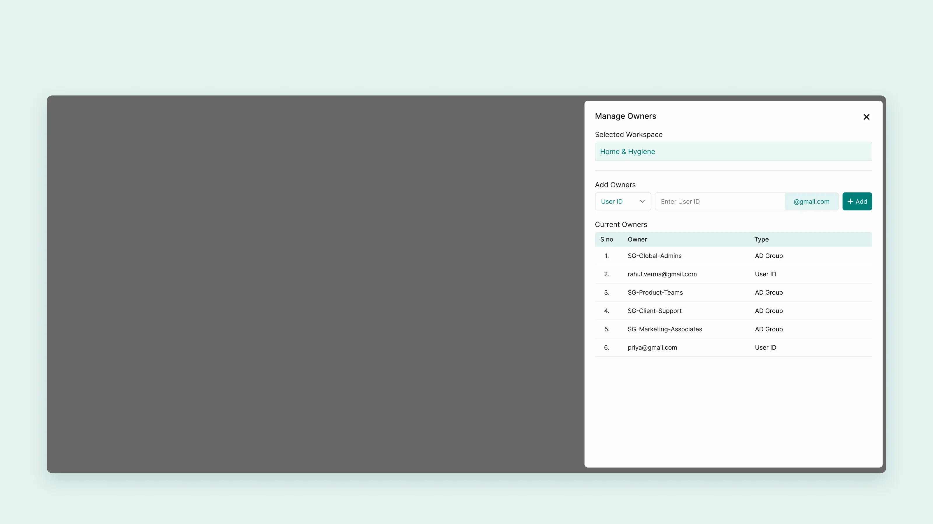 Manage owners: add a person or a directory group, with the current owners listed by type