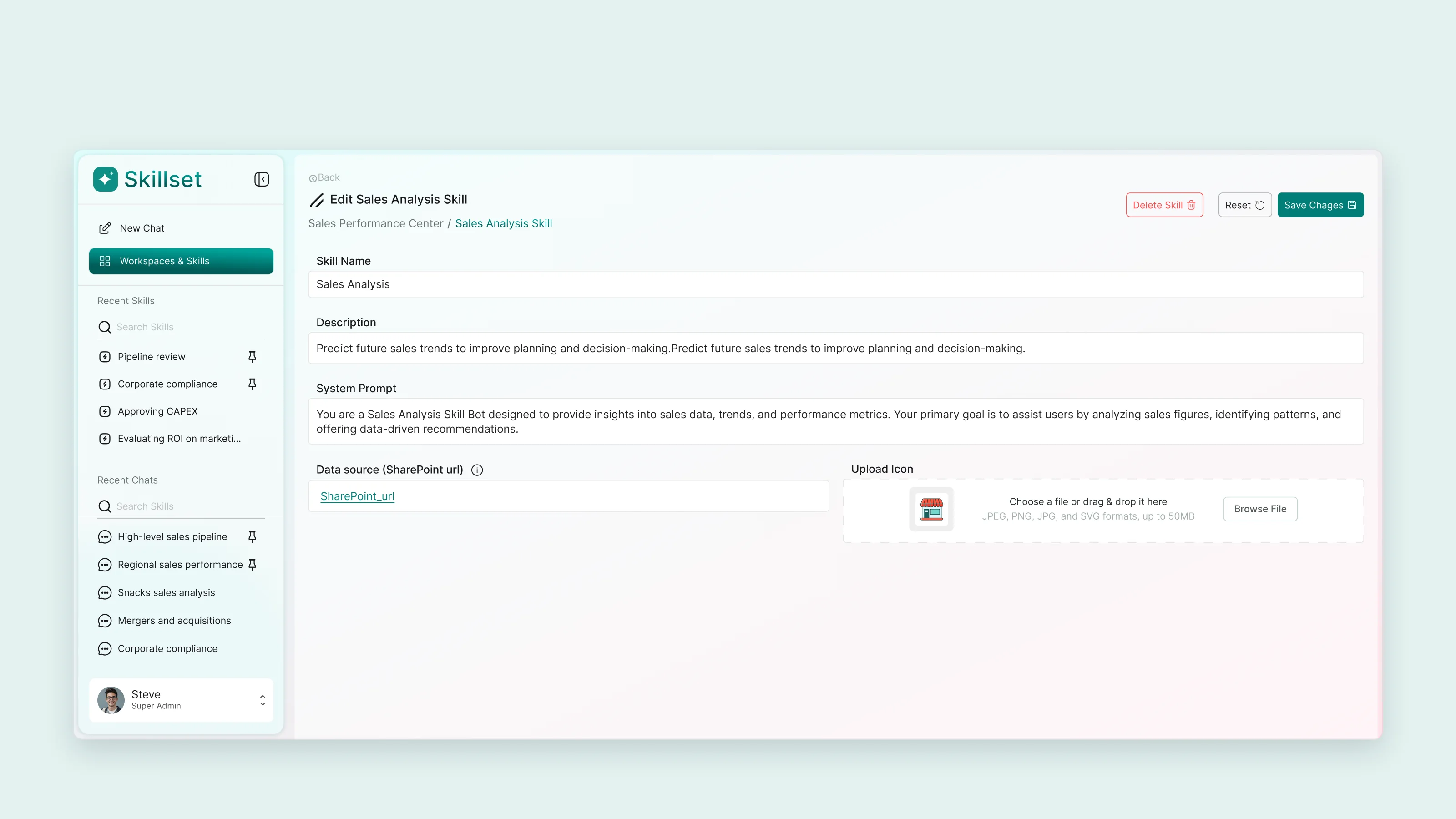 The earlier skill editor: name, description, system prompt and data source on one long page